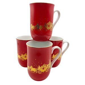 VTG Otagiri Horse and Carriage red gold coffee mug set of 4 Christmas Japan Gibs